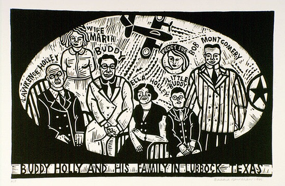 Artist: b'HANRAHAN, Barbara' | Title: b'Buddy Holly and his family in Lubbock, Texas' | Date: 1965 | Technique: b'linocut, printed in black ink, from one block' Artist: b'HANRAHAN, Barbara' | Title: b'Buddy Holly and his family in Lubbock, Texas' | Date: 1965 | Technique: b'linocut, printed in black ink, from one block'