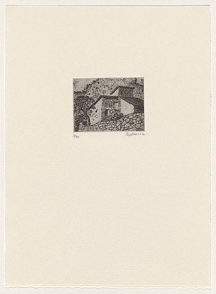 Artist: b'Rees, Lloyd.' | Title: b'Farm house Majorca' | Date: 1976 | Technique: b'softground-etching, printed in black ink, from one zinc plate' | Copyright: b'\xc2\xa9 Alan and Jancis Rees' Artist: b'Rees, Lloyd.' | Title: b'Farm house Majorca' | Date: 1976 | Technique: b'softground-etching, printed in black ink, from one zinc plate' | Copyright: b'\xc2\xa9 Alan and Jancis Rees'