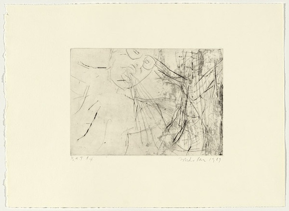 Artist: b'PARR, Mike' | Title: b'Gun into vanishing point 4' | Date: 1988-89 | Technique: b'drypoint and foul biting, printed in black ink, from one copper plate' Artist: b'PARR, Mike' | Title: b'Gun into vanishing point 4' | Date: 1988-89 | Technique: b'drypoint and foul biting, printed in black ink, from one copper plate'