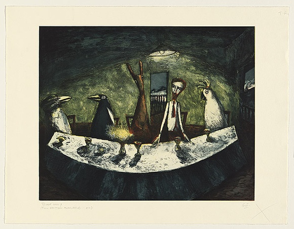 Artist: b'Shead, Garry.' | Title: b'Supper' | Date: 1995-96 | Technique: b'etching, printed in blue-black, yellow, red and blue inks, from multiple plates' | Copyright: b'\xc2\xa9 Garry Shead' Artist: b'Shead, Garry.' | Title: b'Supper' | Date: 1995-96 | Technique: b'etching, printed in blue-black, yellow, red and blue inks, from multiple plates' | Copyright: b'\xc2\xa9 Garry Shead'