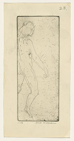 Artist: b'WILLIAMS, Fred' | Title: b'Nude woman' | Date: 1955-56 | Technique: b'etching and drypoint, printed in black ink, from one copper plate' | Copyright: b'\xc2\xa9 Fred Williams Estate' Artist: b'WILLIAMS, Fred' | Title: b'Nude woman' | Date: 1955-56 | Technique: b'etching and drypoint, printed in black ink, from one copper plate' | Copyright: b'\xc2\xa9 Fred Williams Estate'
