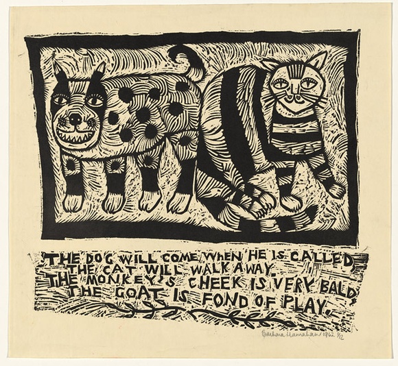 Artist: b'HANRAHAN, Barbara' | Title: b'The dog will come when he is called' | Date: 1962 | Technique: b'linocut, printed in black ink, from two blocks' Artist: b'HANRAHAN, Barbara' | Title: b'The dog will come when he is called' | Date: 1962 | Technique: b'linocut, printed in black ink, from two blocks'