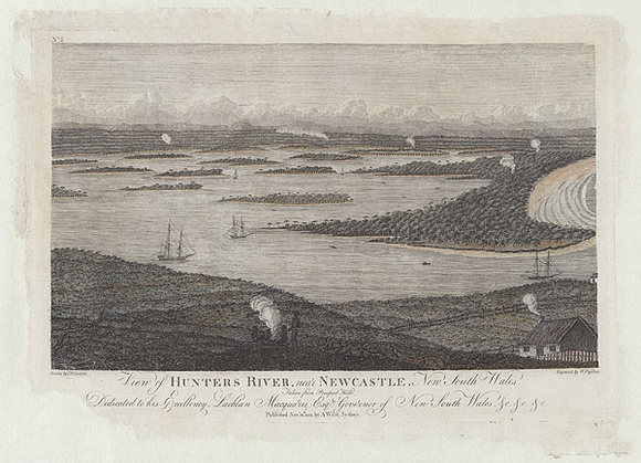 Title: b'View of Hunters River near Newcastle, New South Wales. Taken from Prospect Hill.' | Date: 30 November 1812 (published) | Technique: b'etching and engraving, printed in black ink, from one copper plate'