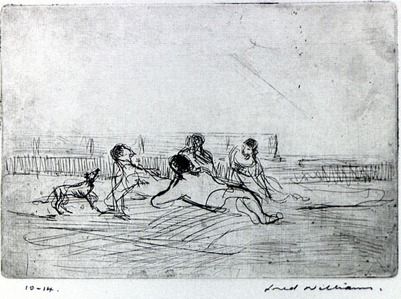 Artist: b'WILLIAMS, Fred' | Title: b'Picture framers picnic' | Date: 1954-66 | Technique: b'drypoint, etching, printed in black ink, from one brass plate' | Copyright: b'\xc2\xa9 Fred Williams Estate' Artist: b'WILLIAMS, Fred' | Title: b'Picture framers picnic' | Date: 1954-66 | Technique: b'drypoint, etching, printed in black ink, from one brass plate' | Copyright: b'\xc2\xa9 Fred Williams Estate'