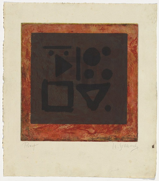 Artist: b'SELLBACH, Udo' | Title: b'(Picasso face)' | Date: (1967) | Technique: b'aquatint, etching printed in colour from two? plate' Artist: b'SELLBACH, Udo' | Title: b'(Picasso face)' | Date: (1967) | Technique: b'aquatint, etching printed in colour from two? plate'