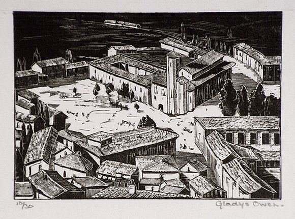 Artist: b'Owen, Gladys.' | Title: b'Gubbio in Umbria' | Date: c.1928 | Technique: b'wood-engraving, printed in black ink, from one block' | Copyright: b'\xc2\xa9 Estate of David Moore' Artist: b'Owen, Gladys.' | Title: b'Gubbio in Umbria' | Date: c.1928 | Technique: b'wood-engraving, printed in black ink, from one block' | Copyright: b'\xc2\xa9 Estate of David Moore'