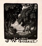 Artist: LINDSAY, Lionel | Title: Book plate: J.W. Gellert | Date: 1923 | Technique: wood-engraving, printed in black ink, from one block | Copyright: Courtesy of the National Library of Australia