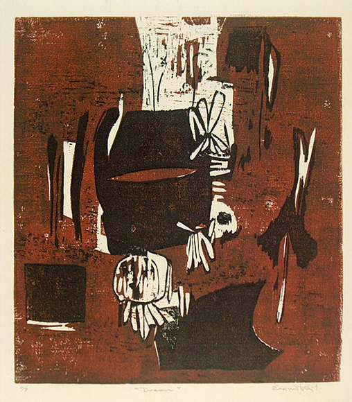Artist: b'Raft, Emanuel.' | Title: b'Dream' | Date: c.1962 | Technique: b'linocut, printed in colour, from multiple blocks' Artist: b'Raft, Emanuel.' | Title: b'Dream' | Date: c.1962 | Technique: b'linocut, printed in colour, from multiple blocks'