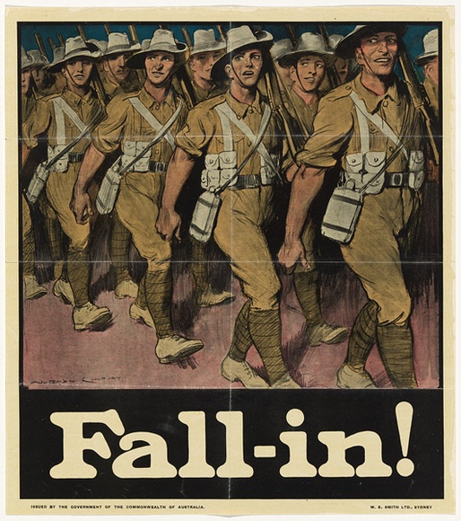 Artist: b'Lindsay, Norman.' | Title: b'Fall in' | Technique: b'lithograph, printed in colour, from multiple stones'