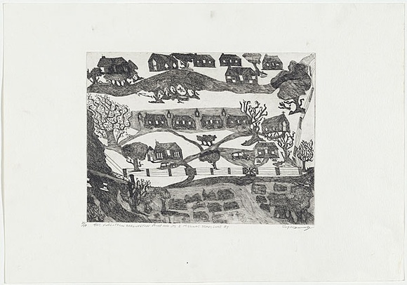 Artist: b'Kennedy, Roy.' | Title: b'The forgotten missions at Darlington Point and its 2 missions years gone by' | Date: 1999 | Technique: b'etching, printed in black ink, from one plate' Artist: b'Kennedy, Roy.' | Title: b'The forgotten missions at Darlington Point and its 2 missions years gone by' | Date: 1999 | Technique: b'etching, printed in black ink, from one plate'