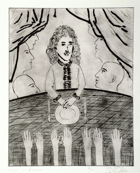 Artist: b'Walker, Deborah.' | Title: b'Louis at dinner' | Date: c.1990 | Technique: b'drypoint, printed in black ink with plate-tone, from one plate' | Copyright: b'\xc2\xa9 Deborah Walker. Licensed by VISCOPY, Australia' Artist: b'Walker, Deborah.' | Title: b'Louis at dinner' | Date: c.1990 | Technique: b'drypoint, printed in black ink with plate-tone, from one plate' | Copyright: b'\xc2\xa9 Deborah Walker. Licensed by VISCOPY, Australia'