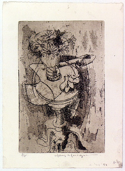 Artist: b'MACQUEEN, Mary' | Title: b'Still life on round table' | Date: c.1958 | Technique: b'etching and aquatint, printed in black ink with plate-tone, from one plate' | Copyright: b'Courtesy Paulette Calhoun, for the estate of Mary Macqueen' Artist: b'MACQUEEN, Mary' | Title: b'Still life on round table' | Date: c.1958 | Technique: b'etching and aquatint, printed in black ink with plate-tone, from one plate' | Copyright: b'Courtesy Paulette Calhoun, for the estate of Mary Macqueen'