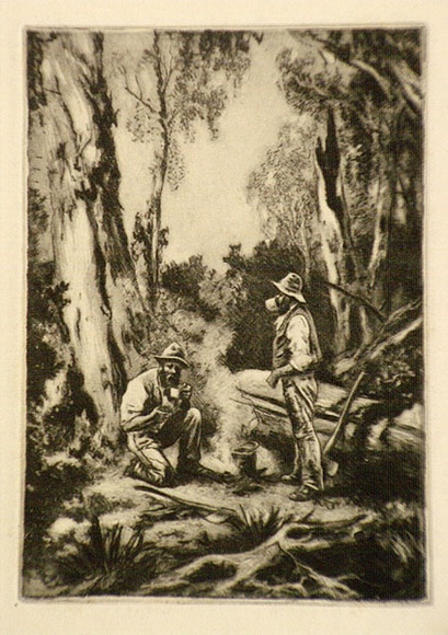 Artist: b'LINDSAY, Lionel' | Title: b'Billy tea.' | Date: 1931 | Technique: b'aquatint,etching, burnishing and roulette, printed in black ink, from one plate' | Copyright: b'Courtesy of the National Library of Australia' Artist: b'LINDSAY, Lionel' | Title: b'Billy tea.' | Date: 1931 | Technique: b'aquatint,etching, burnishing and roulette, printed in black ink, from one plate' | Copyright: b'Courtesy of the National Library of Australia'