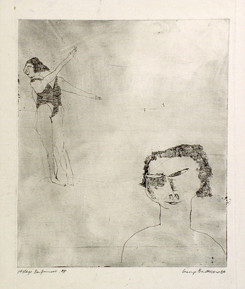Artist: b'BALDESSIN, George' | Title: b'Performers.' | Date: 1964 | Technique: b'etching, printed in black ink, from one plate' Artist: b'BALDESSIN, George' | Title: b'Performers.' | Date: 1964 | Technique: b'etching, printed in black ink, from one plate'