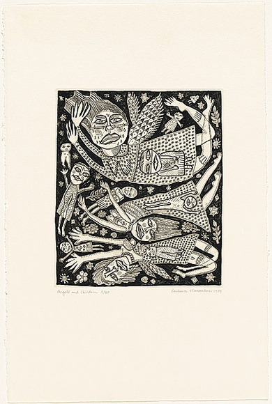 Artist: b'HANRAHAN, Barbara' | Title: b'Angels and children' | Date: 1989 | Technique: b'relief-etching, printed in black ink, from one plate' Artist: b'HANRAHAN, Barbara' | Title: b'Angels and children' | Date: 1989 | Technique: b'relief-etching, printed in black ink, from one plate'