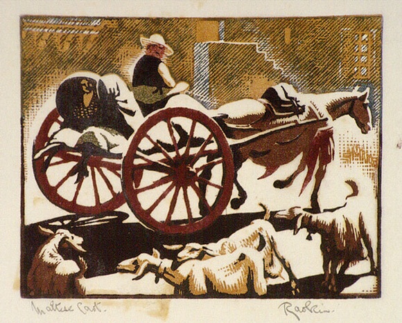 Artist: b'Hawkins, Weaver.' | Title: b'Maltese cart' | Date: c.1930 | Technique: b'woodcut, printed in colour, from multiple blocks' | Copyright: b'The Estate of H.F Weaver Hawkins' Artist: b'Hawkins, Weaver.' | Title: b'Maltese cart' | Date: c.1930 | Technique: b'woodcut, printed in colour, from multiple blocks' | Copyright: b'The Estate of H.F Weaver Hawkins'