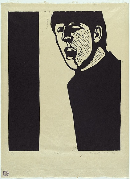 Artist: b'MADDOCK, Bea' | Title: b'Male I' | Date: 1967 | Technique: b'woodcut, printed in black ink, from one masonite block' Artist: b'MADDOCK, Bea' | Title: b'Male I' | Date: 1967 | Technique: b'woodcut, printed in black ink, from one masonite block'