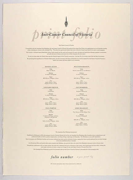 Title: Frontispiece from the Anti-cancer council of Victoria print folio. | Date: 1990 | Technique: lithograph, printed in dark grey ink, from one stone