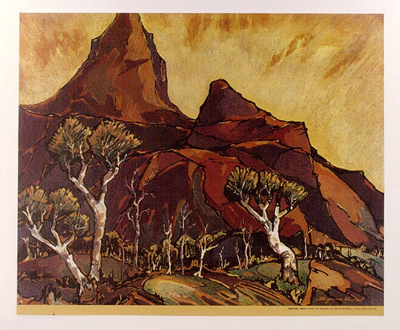 Artist: b'Mansell, Byram.' | Title: b'Sentinel rock' | Date: c.1946 | Technique: b'photographic lithograph, printed in colour, from process plates' Artist: b'Mansell, Byram.' | Title: b'Sentinel rock' | Date: c.1946 | Technique: b'photographic lithograph, printed in colour, from process plates'