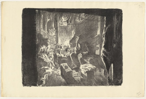 Artist: b'Dyson, Will.' | Title: b'Home comforts in the tunnels, Hill 60.' | Date: 1918 | Technique: b'lithograph, printed in black ink, from one stone Arnold unbleached' Artist: b'Dyson, Will.' | Title: b'Home comforts in the tunnels, Hill 60.' | Date: 1918 | Technique: b'lithograph, printed in black ink, from one stone Arnold unbleached'
