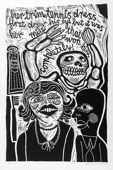 Artist: b'HANRAHAN, Barbara' | Title: b'Smile' | Date: 1987 | Technique: b'linocut, printed in black ink, from one block' Artist: b'HANRAHAN, Barbara' | Title: b'Smile' | Date: 1987 | Technique: b'linocut, printed in black ink, from one block'