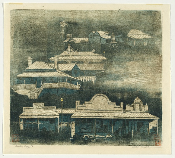 Artist: b'Thorpe, Lesbia.' | Title: b'Country town 8 p.m.' | Date: 1980 | Technique: b'woodcut and linocut, printed in colour, from three blocks' Artist: b'Thorpe, Lesbia.' | Title: b'Country town 8 p.m.' | Date: 1980 | Technique: b'woodcut and linocut, printed in colour, from three blocks'