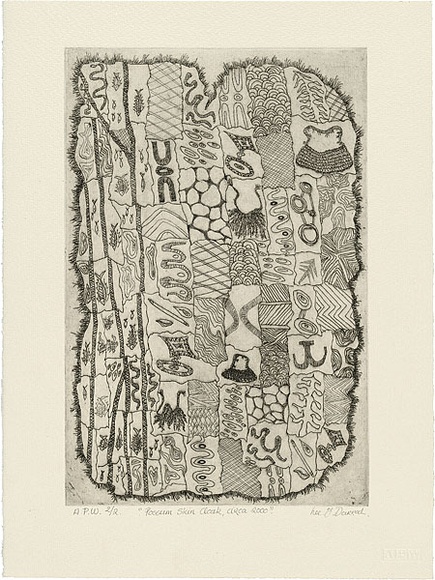 Artist: b'Darroch, Lee J.' | Title: b'Possum skin cloak, circa 2000' | Date: 2000, June | Technique: b'etching, printed in black ink, from one plate' | Copyright: b'\xc2\xa9 Lee Darroch, artist' Artist: b'Darroch, Lee J.' | Title: b'Possum skin cloak, circa 2000' | Date: 2000, June | Technique: b'etching, printed in black ink, from one plate' | Copyright: b'\xc2\xa9 Lee Darroch, artist'