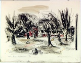 Artist: b'MACQUEEN, Mary' | Title: b'Park, East Melbourne' | Date: c.1956 | Technique: b'lithograph, printed in black ink, from one plate; hand-coloured' | Copyright: b'Courtesy Paulette Calhoun, for the estate of Mary Macqueen'