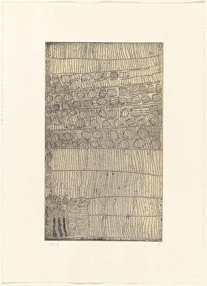 Artist: b'WARLAPINNI, Freda' | Title: b'not titled (geometic composition of linesand circles)' | Date: 1999, May - June | Technique: b'etching, intaglio and relief printed in colour, from one plate' | Copyright: b'\xc2\xa9 Freda Warlapinni, Jilamara Arts and Craft' Artist: b'WARLAPINNI, Freda' | Title: b'not titled (geometic composition of linesand circles)' | Date: 1999, May - June | Technique: b'etching, intaglio and relief printed in colour, from one plate' | Copyright: b'\xc2\xa9 Freda Warlapinni, Jilamara Arts and Craft'