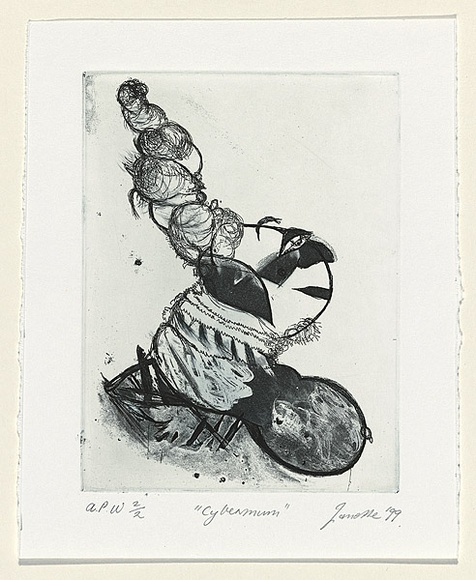 Artist: b'Thompson, Janette.' | Title: b'Cybermum' | Date: 1999, October | Technique: b'etching, aquatint and sugar-lift, printed in dark blue ink, from one plate' Artist: b'Thompson, Janette.' | Title: b'Cybermum' | Date: 1999, October | Technique: b'etching, aquatint and sugar-lift, printed in dark blue ink, from one plate'