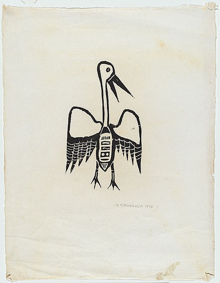 Artist: b'Tipungwuti, Giovanni (John).' | Title: b'Bird standing with outstretched wings' | Date: 1970 | Technique: b'woodcut, printed in black ink, from one block' Artist: b'Tipungwuti, Giovanni (John).' | Title: b'Bird standing with outstretched wings' | Date: 1970 | Technique: b'woodcut, printed in black ink, from one block'