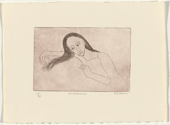 Artist: b'Dickerson, Robert.' | Title: b'Contemplation.' | Date: 1987 | Technique: b'etching, printed in sepia ink, from one zinc plate' Artist: b'Dickerson, Robert.' | Title: b'Contemplation.' | Date: 1987 | Technique: b'etching, printed in sepia ink, from one zinc plate'