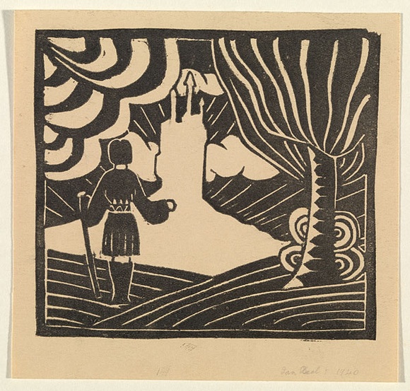 Artist: b'Beal, Ian.' | Title: b'Figure facing castle.' | Date: c.1936 | Technique: b'linocut, printed in black ink, from one block' Artist: b'Beal, Ian.' | Title: b'Figure facing castle.' | Date: c.1936 | Technique: b'linocut, printed in black ink, from one block'