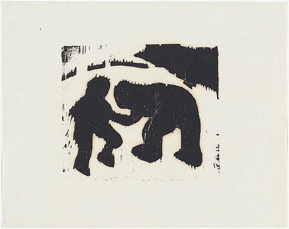 Artist: b'MADDOCK, Bea' | Title: b'Fighting figures' | Date: 1963 | Technique: b'relief-etching, from one copper plate; woodcut, from three blocks' Artist: b'MADDOCK, Bea' | Title: b'Fighting figures' | Date: 1963 | Technique: b'relief-etching, from one copper plate; woodcut, from three blocks'