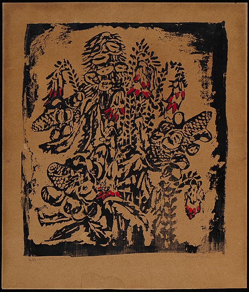 Artist: b'PRESTON, Margaret' | Title: b'Native flowers' | Date: 1946 | Technique: b'screenprint, printed in black ink, from one stencil; hand-coloured in red goauche' | Copyright: b'\xc2\xa9 Margaret Preston. Licensed by VISCOPY, Australia' Artist: b'PRESTON, Margaret' | Title: b'Native flowers' | Date: 1946 | Technique: b'screenprint, printed in black ink, from one stencil; hand-coloured in red goauche' | Copyright: b'\xc2\xa9 Margaret Preston. Licensed by VISCOPY, Australia'