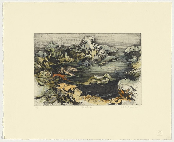 Artist: b'Mortensen, Kevin.' | Title: b'Shoreline' | Date: 2000 | Technique: b'etching, printed in black ink, from one copper plate; hand coloured' | Copyright: b'\xc2\xa9 Kevin Mortensen' Artist: b'Mortensen, Kevin.' | Title: b'Shoreline' | Date: 2000 | Technique: b'etching, printed in black ink, from one copper plate; hand coloured' | Copyright: b'\xc2\xa9 Kevin Mortensen'