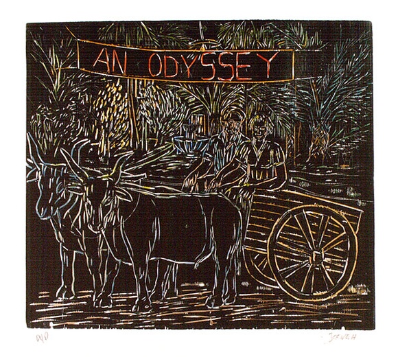 Artist: b'Zofrea, Salvatore.' | Title: b'An Odyssey (title page).' | Date: 1989 | Technique: b'woodcut, printed in black, from one block; hand-coloured' | Copyright: b'\xc2\xa9 Salvatore Zofrea, 1989' Artist: b'Zofrea, Salvatore.' | Title: b'An Odyssey (title page).' | Date: 1989 | Technique: b'woodcut, printed in black, from one block; hand-coloured' | Copyright: b'\xc2\xa9 Salvatore Zofrea, 1989'