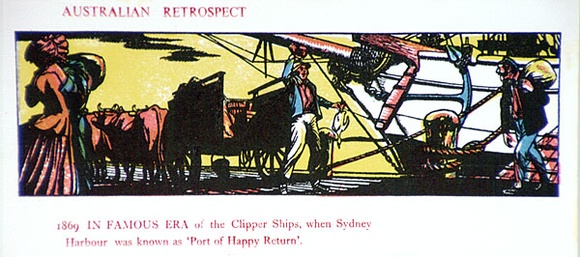 Artist: b'Wallace-Crabbe, Kenneth.' | Title: b'Greeting card: 1869 In famous era' | Date: 1960s | Technique: b'wood-engraving, printed in colour, from multiple blocks' | Copyright: b'Courtesy the estate of Kenneth Wallace-Crabbe' Artist: b'Wallace-Crabbe, Kenneth.' | Title: b'Greeting card: 1869 In famous era' | Date: 1960s | Technique: b'wood-engraving, printed in colour, from multiple blocks' | Copyright: b'Courtesy the estate of Kenneth Wallace-Crabbe'