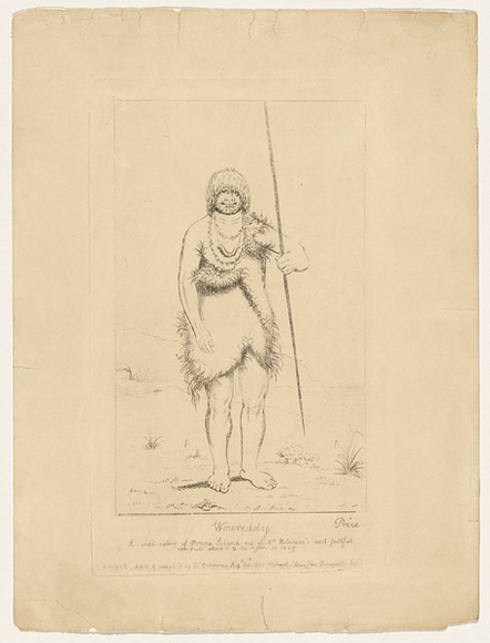 Artist: Duterrau, Benjamin. | Title: Woureddy, a wild native of Brune Island. | Date: 1835 | Technique: etching, printed in black ink, from one plate Artist: Duterrau, Benjamin. | Title: Woureddy, a wild native of Brune Island. | Date: 1835 | Technique: etching, printed in black ink, from one plate