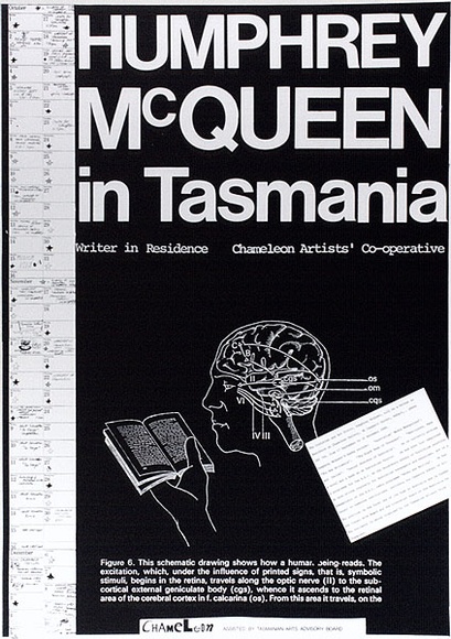 Artist: b'ARNOLD, Raymond' | Title: bHumphrey McQueen in Tasmania. Writer in residence. Chameleon Artists' Co-operative. | Date: 1984 | Technique: b'screenprint, printed in black ink, from one stencil' Artist: b'ARNOLD, Raymond' | Title: bHumphrey McQueen in Tasmania. Writer in residence. Chameleon Artists' Co-operative. | Date: 1984 | Technique: b'screenprint, printed in black ink, from one stencil'