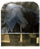 Artist: BALDESSIN, George | Title: Personage and window II. | Date: 1972 | Technique: etching and aquatint, printed in black ink, from two plates; on stencil, printed in colour, from one stencil.