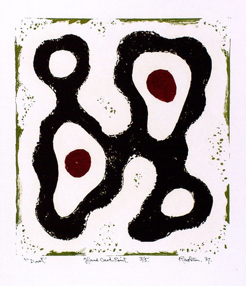 Artist: b'Hawkins, Weaver.' | Title: b'Duet' | Date: c.1962 | Technique: b'card-cut, printed in colour, from multiple blocks' | Copyright: b'The Estate of H.F Weaver Hawkins' Artist: b'Hawkins, Weaver.' | Title: b'Duet' | Date: c.1962 | Technique: b'card-cut, printed in colour, from multiple blocks' | Copyright: b'The Estate of H.F Weaver Hawkins'