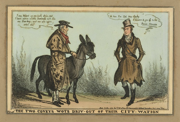 Title: The two coveys wots driv-out of their city-wation | Date: 1830 | Technique: etching, printed in black ink, from one plate; hand-coloured; grey watercolour border Title: The two coveys wots driv-out of their city-wation | Date: 1830 | Technique: etching, printed in black ink, from one plate; hand-coloured; grey watercolour border