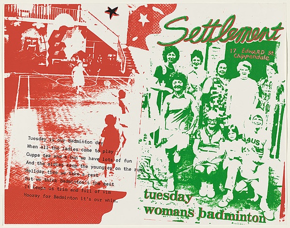 Artist: b'WORSTEAD, Paul' | Title: b'Settlement, Tuesday womans badminton' | Date: 1976 | Technique: b'screenprint, printed in colour, from multiple stencils' | Copyright: b'This work appears on screen courtesy of the artist' Artist: b'WORSTEAD, Paul' | Title: b'Settlement, Tuesday womans badminton' | Date: 1976 | Technique: b'screenprint, printed in colour, from multiple stencils' | Copyright: b'This work appears on screen courtesy of the artist'