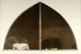 Artist: BALDESSIN, George | Title: Personages and gothic II. | Date: 1969 | Technique: etching and aquatint, printed black ink, from two shaped plates; stencil, printed in brown and pink ink, from three stencils