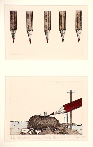 Artist: b'Robinson, Pippa' | Title: b'Newcastle N.S.W. nuclear free zone?' | Date: 1985 | Technique: b'etching, hand-coloured' Artist: b'Robinson, Pippa' | Title: b'Newcastle N.S.W. nuclear free zone?' | Date: 1985 | Technique: b'etching, hand-coloured'