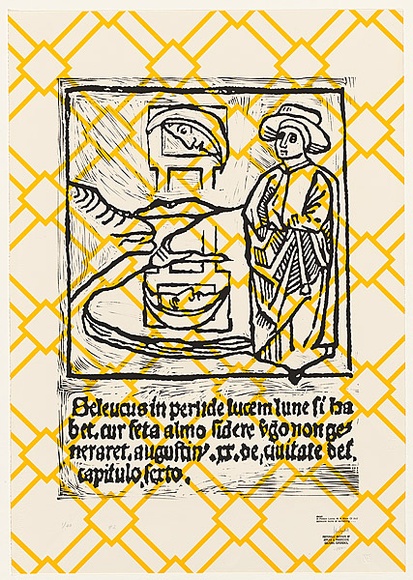Artist: b'TYNDALL, Peter' | Title: b'A Person Looks At a Work of Art. Someone looks at something ... II' | Date: 1988 | Technique: b'linocut, printed in black ink, from one block; screenprint, printed in yellow ink, from one stencil' Artist: b'TYNDALL, Peter' | Title: b'A Person Looks At a Work of Art. Someone looks at something ... II' | Date: 1988 | Technique: b'linocut, printed in black ink, from one block; screenprint, printed in yellow ink, from one stencil'