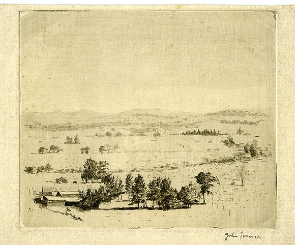 Artist: b'Farmer, John.' | Title: b'(Landscape with farm buildings).' | Date: 1950's | Technique: b'etching, printed in brown ink with plate-tone, from one plate' Artist: b'Farmer, John.' | Title: b'(Landscape with farm buildings).' | Date: 1950's | Technique: b'etching, printed in brown ink with plate-tone, from one plate'