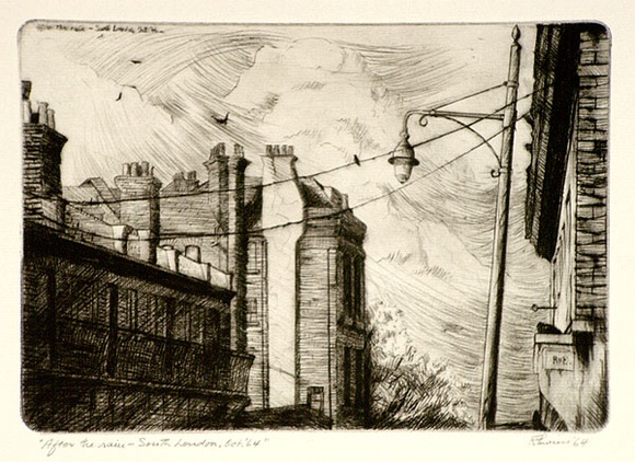 Artist: b'EWINS, Rod' | Title: b'After the rain, South London, Oct.64.' | Date: 1964 | Technique: b'drypoint, printed in black ink, from one copper plate' Artist: b'EWINS, Rod' | Title: b'After the rain, South London, Oct.64.' | Date: 1964 | Technique: b'drypoint, printed in black ink, from one copper plate'