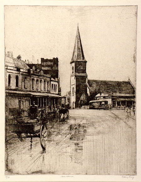 Artist: b'Long, Sydney.' | Title: b'Christ Church, Old Sydney' | Date: (1926) | Technique: b'line-etching and drypoint, printed in warm black ink, from one copper plate' | Copyright: b'Reproduced with the kind permission of the Ophthalmic Research Institute of Australia' Artist: b'Long, Sydney.' | Title: b'Christ Church, Old Sydney' | Date: (1926) | Technique: b'line-etching and drypoint, printed in warm black ink, from one copper plate' | Copyright: b'Reproduced with the kind permission of the Ophthalmic Research Institute of Australia'